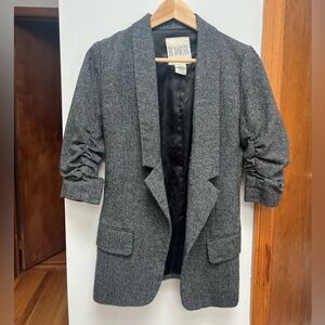 BB Dakota tweed style gray longline boyfriend blazer with ruched 3/4 sleeve sz 2